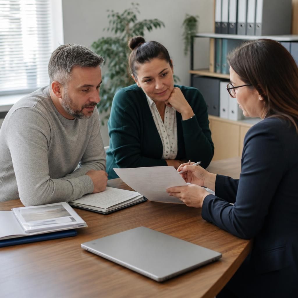 Foster carers meeting with a social worker to discuss court documents and the child’s care plan