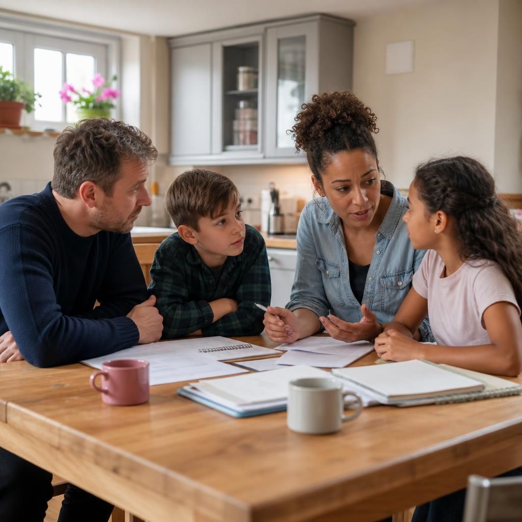 Parent and children discussing family plans at a kitchen table