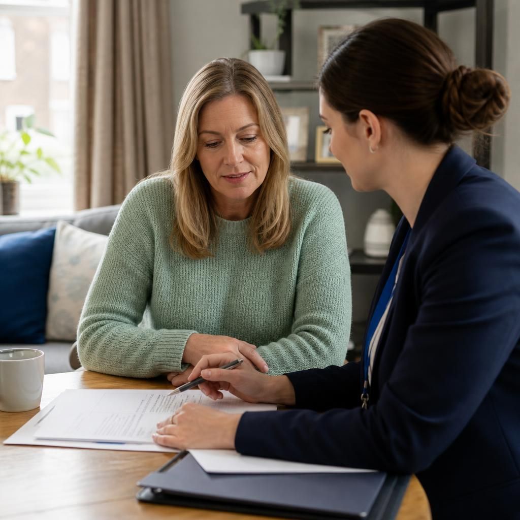 Foster carer discussing paperwork with a social worker at home