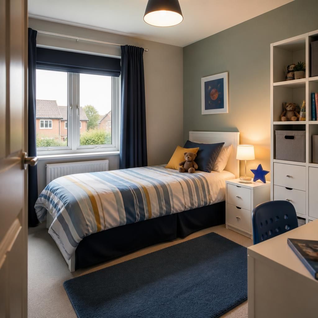 A tidy child's bedroom with a single bed, storage and personal space