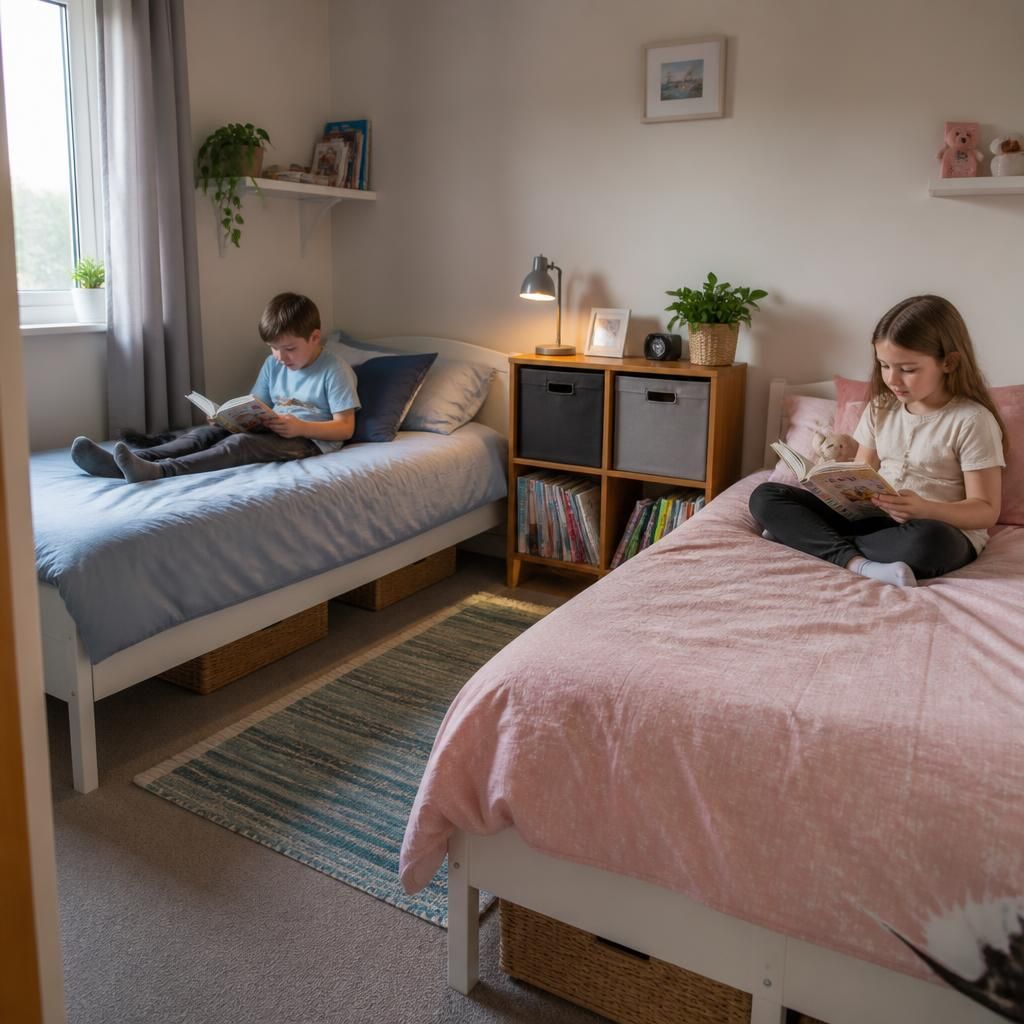 Two siblings sharing a bedroom with separate beds and personal storage