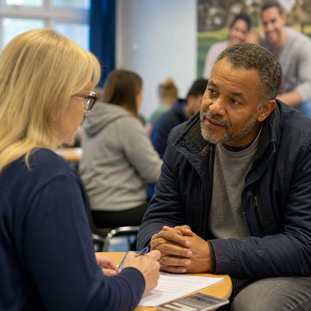 Experienced foster carer speaking with an adviser at an information event