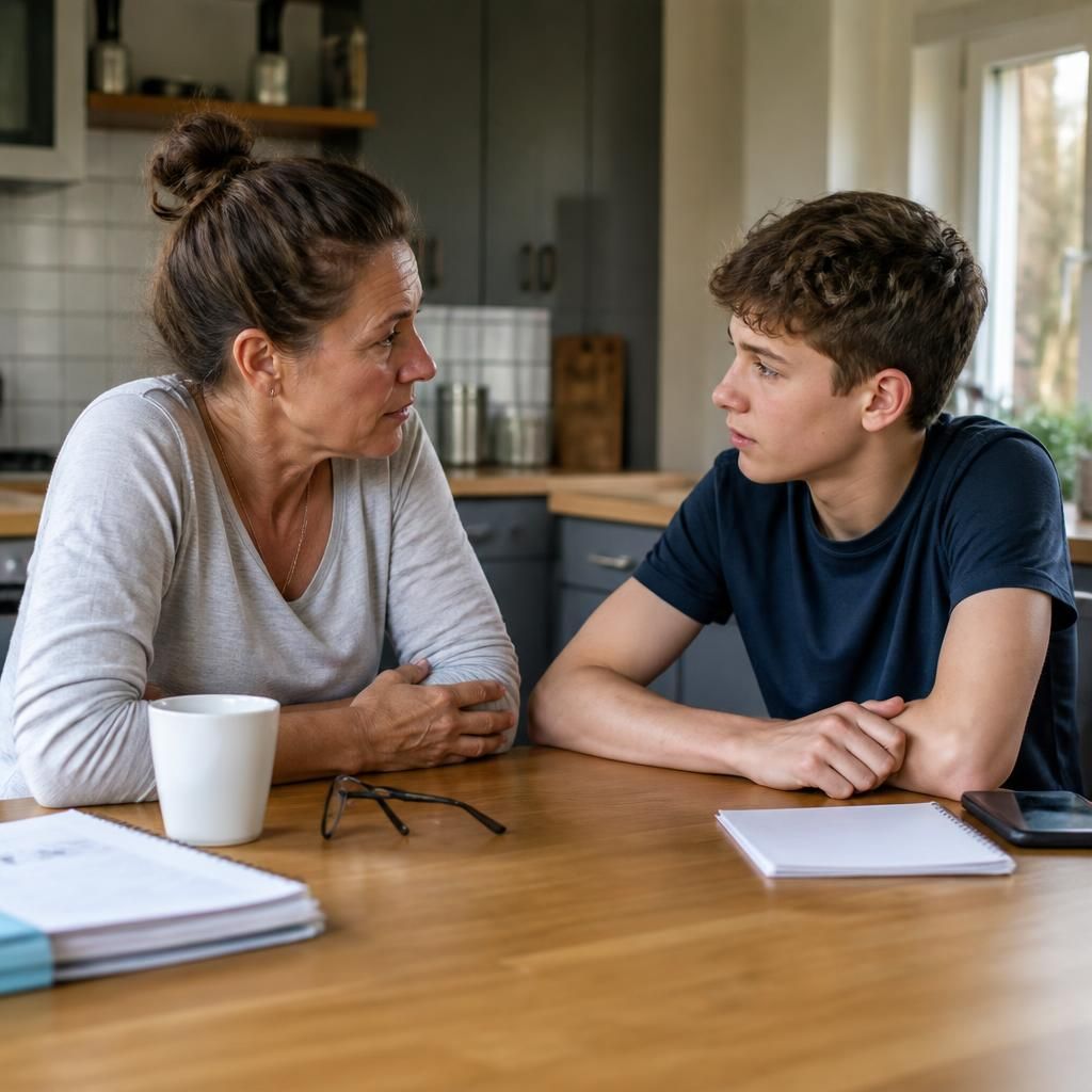 Single parent sitting with a teenager at a kitchen table