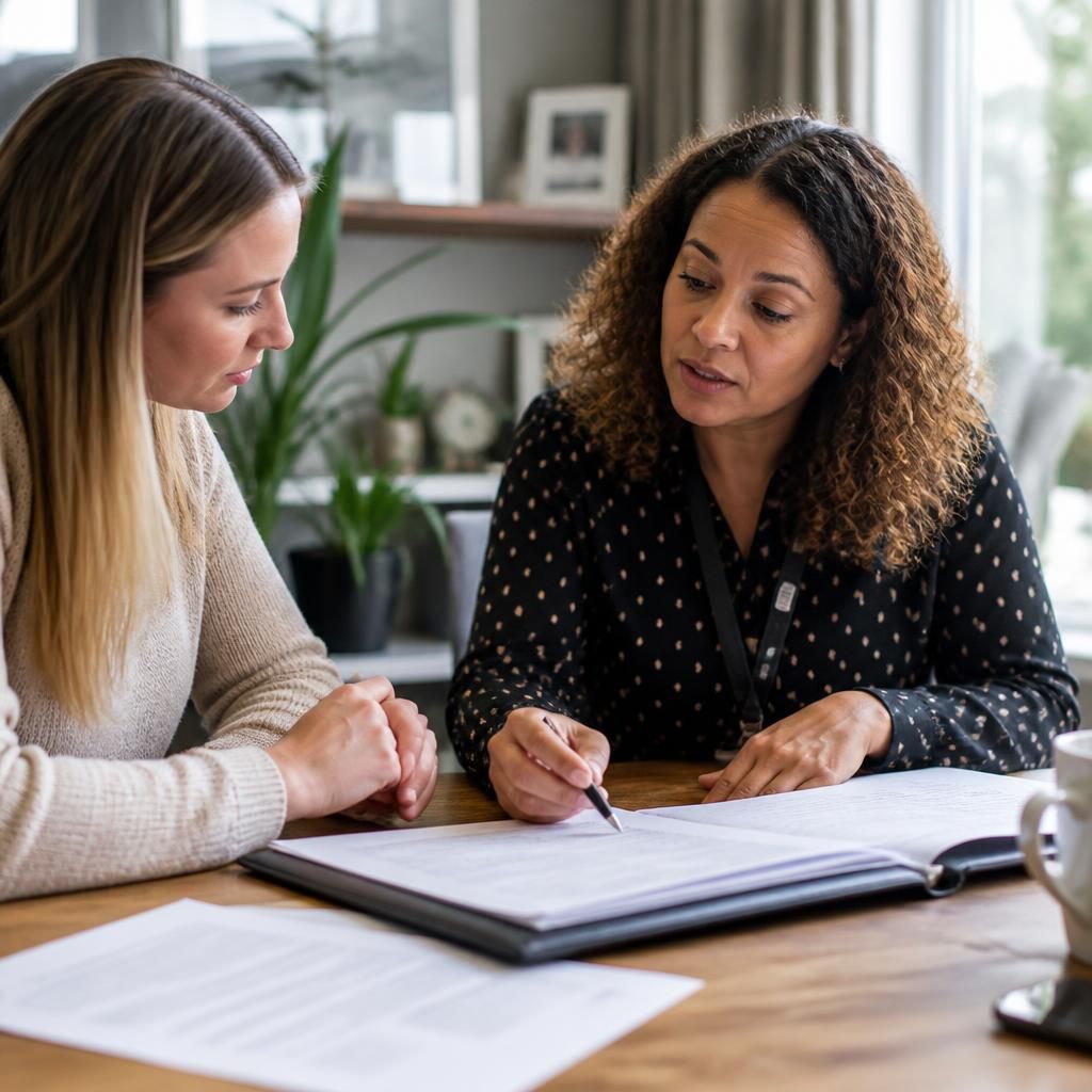 Foster carer applicant discussing assessment paperwork with a social worker