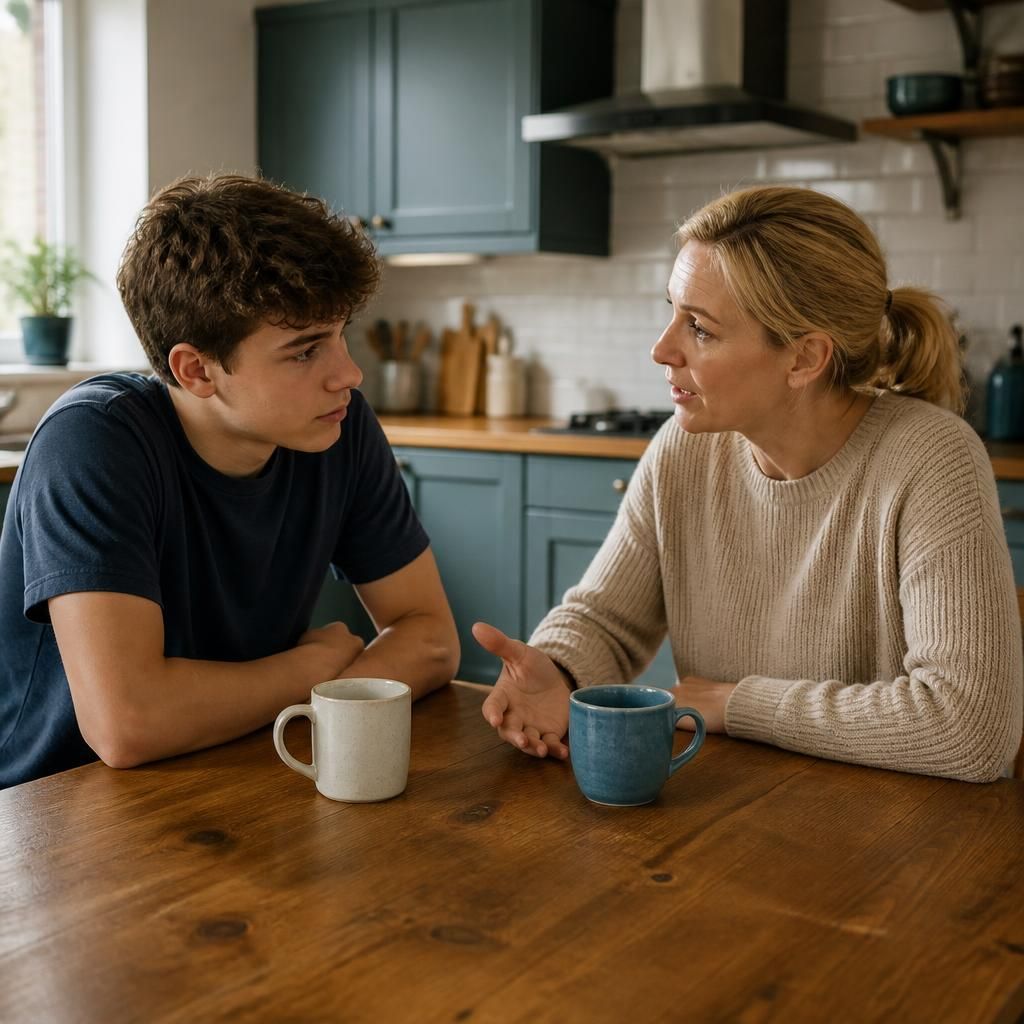Foster carer talking with a teenager at a kitchen table