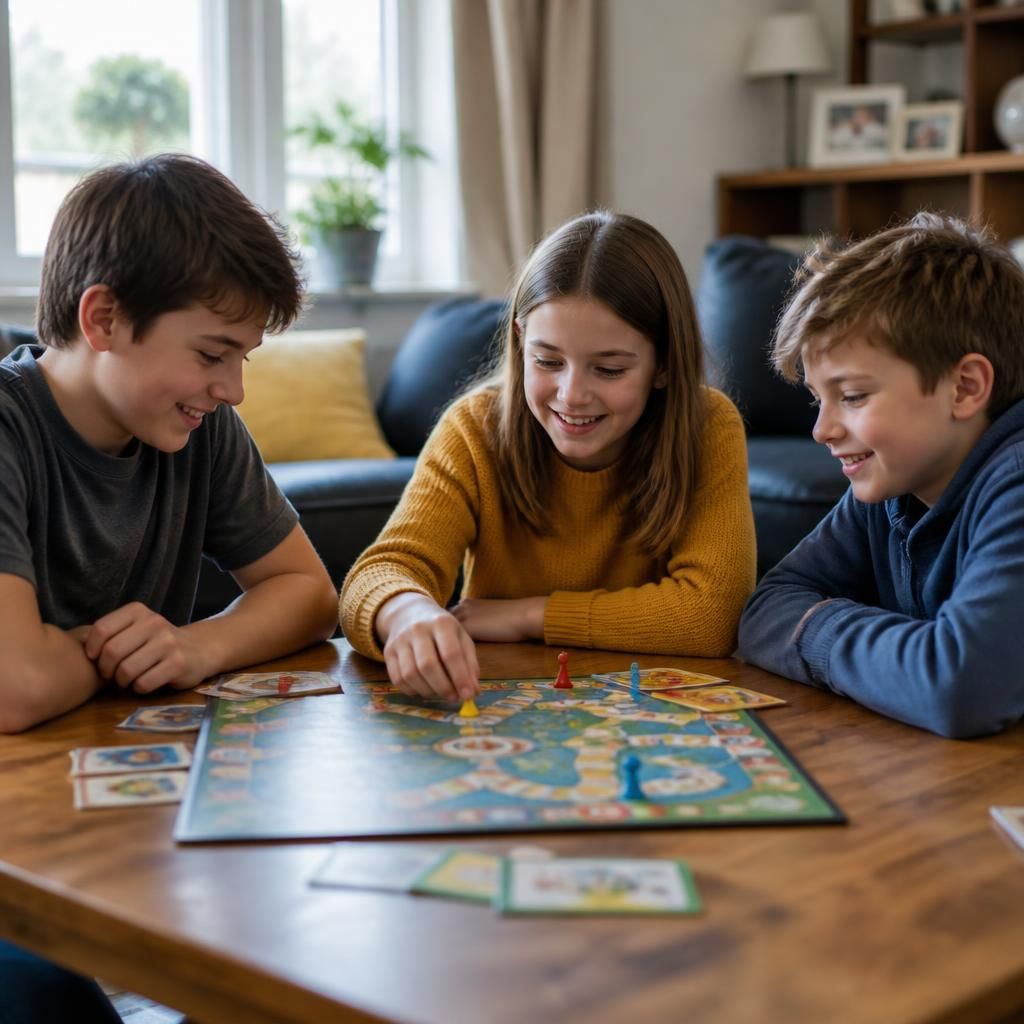 Children playing a board game together in a family living room
