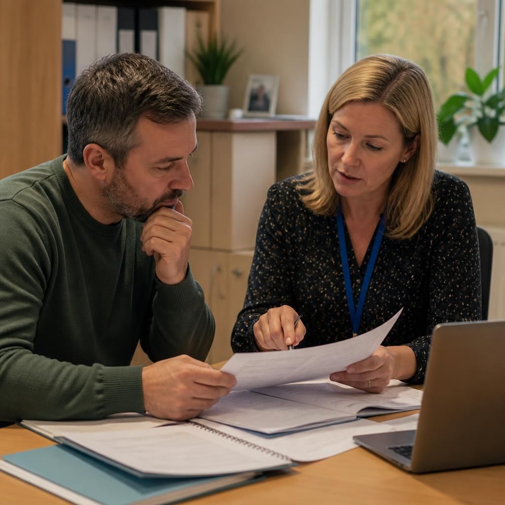 Foster carer and social worker reviewing placement guidance and care plan documents