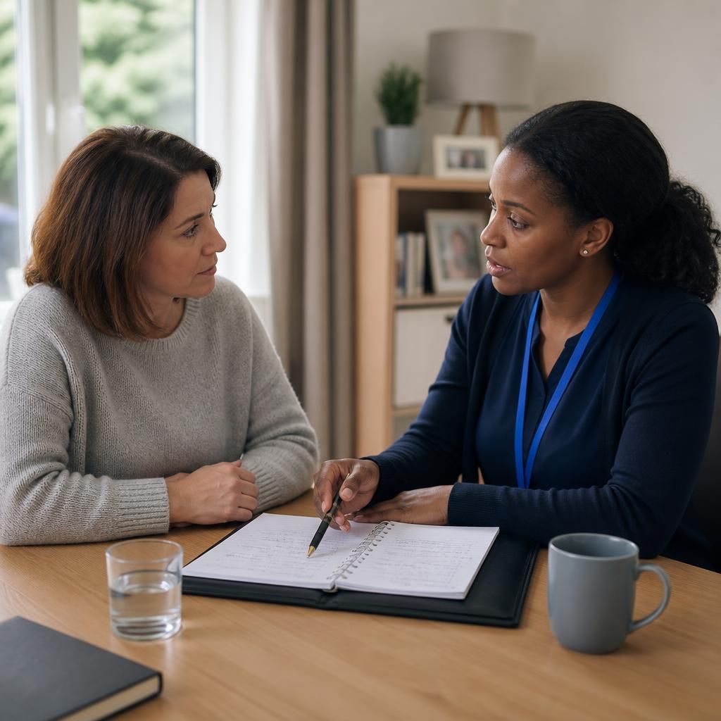 Foster carer and support worker discussing placement notes at a table