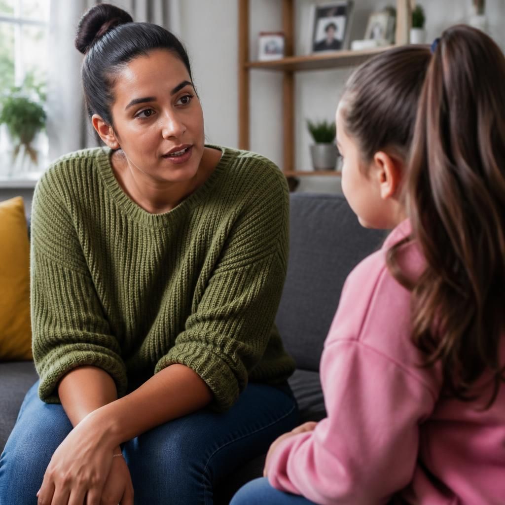 Single foster carer talking with a child in a family home
