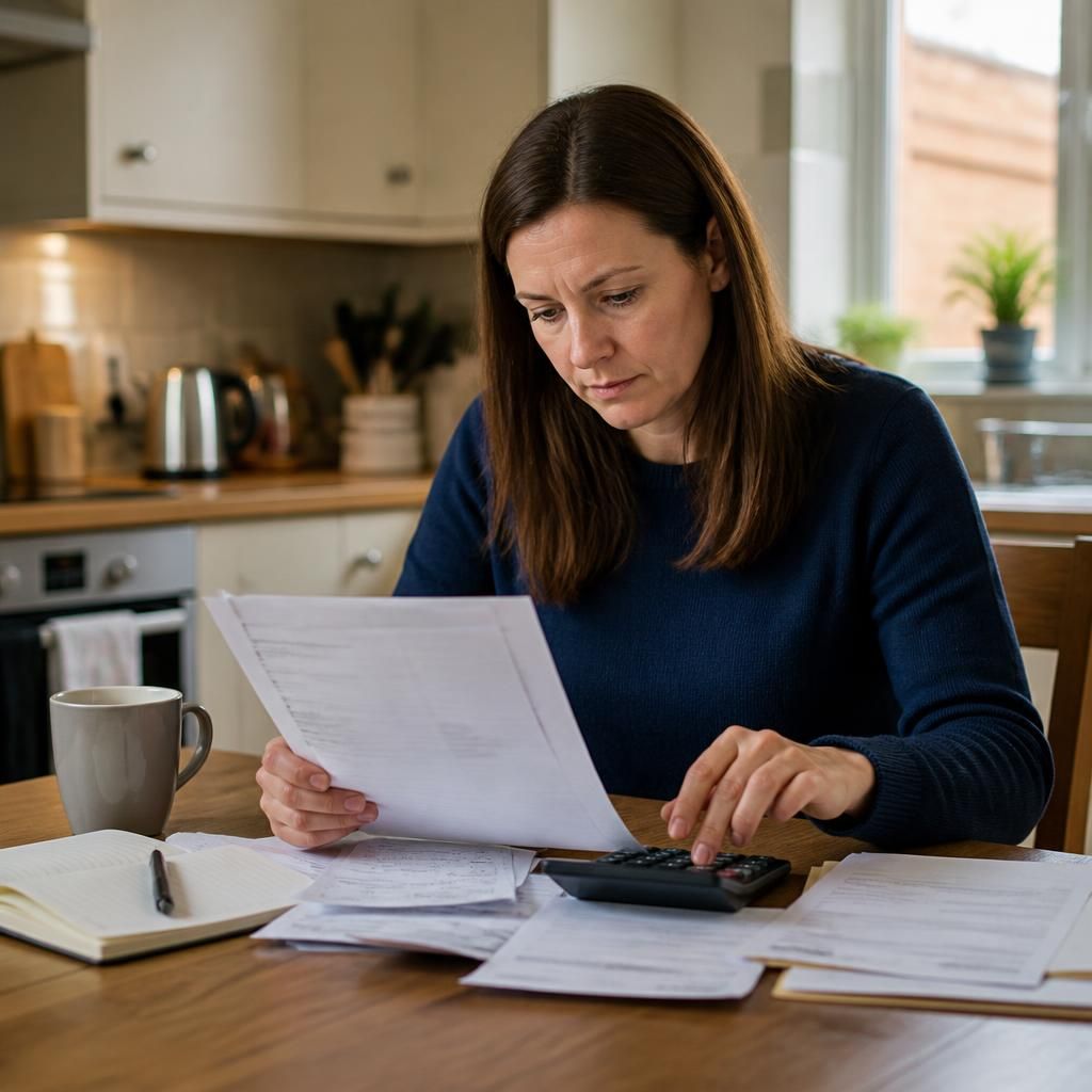 Foster carer reviewing household bills and financial documents at a kitchen table