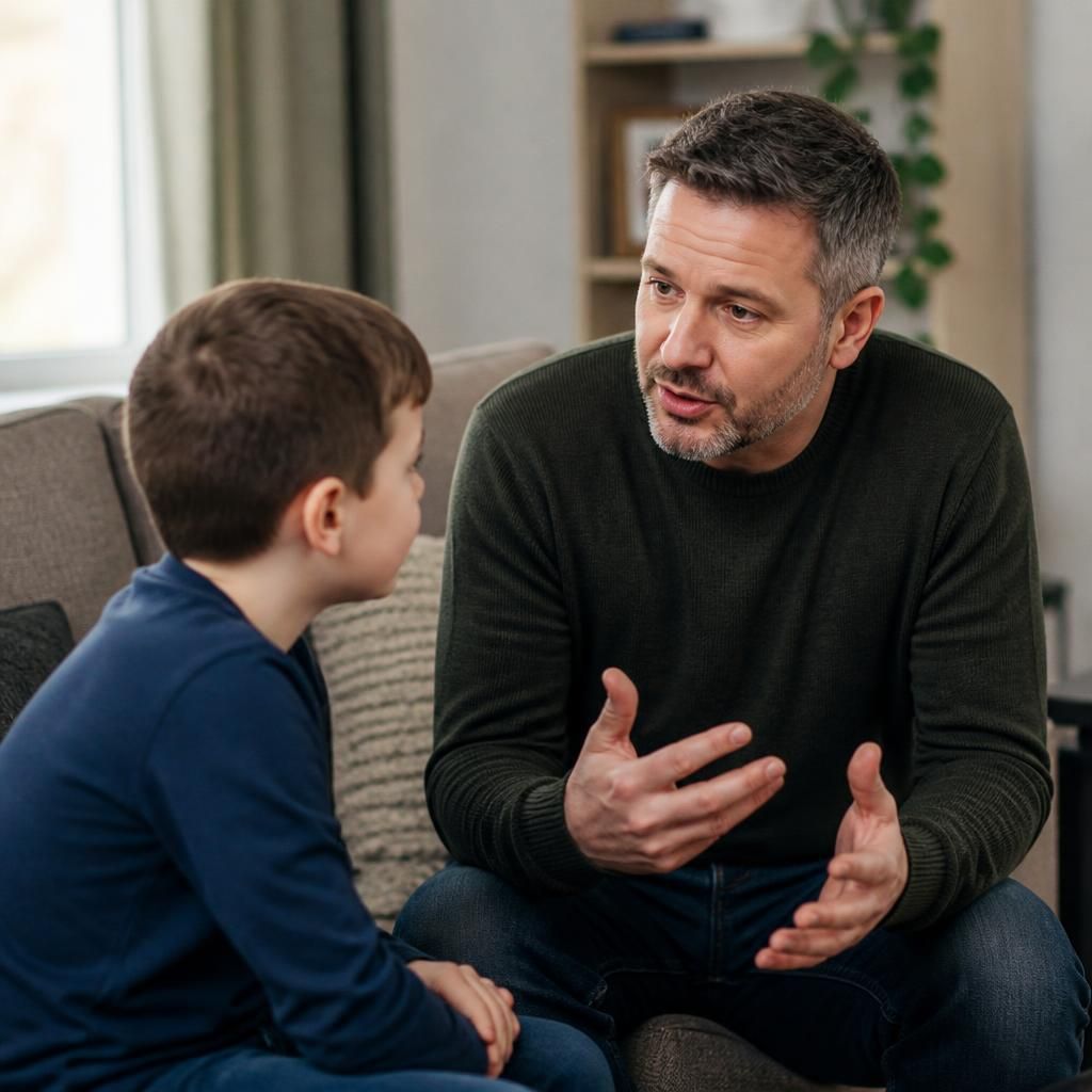 Foster carer talking with a child at home