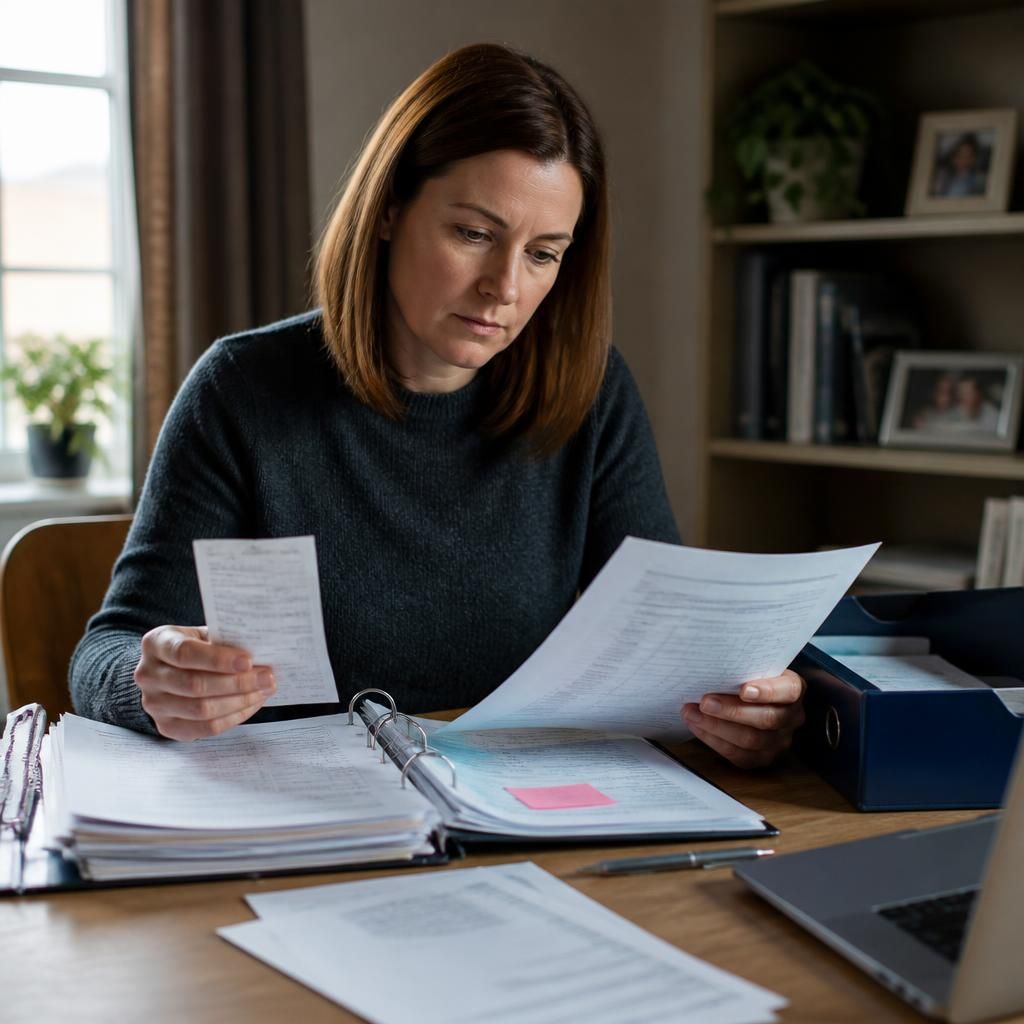 Foster carer reviewing placement records, receipts and professional reports