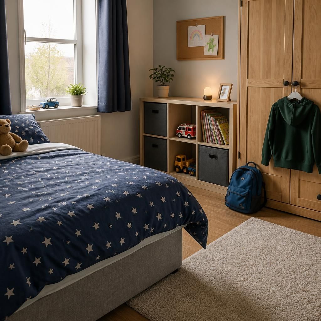 A tidy child’s bedroom with a bed, storage and personal belongings