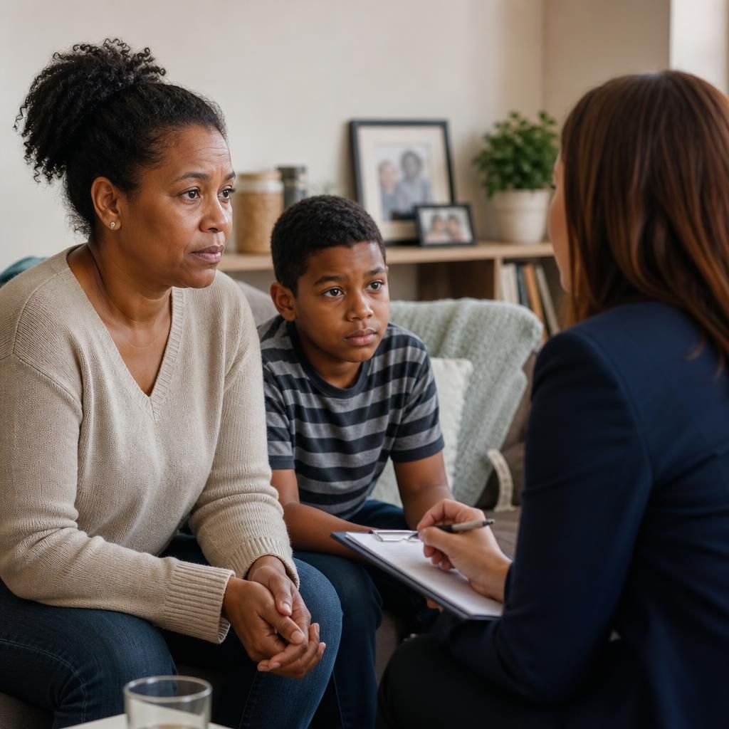 Kinship carer speaking with a social worker at a family support meeting