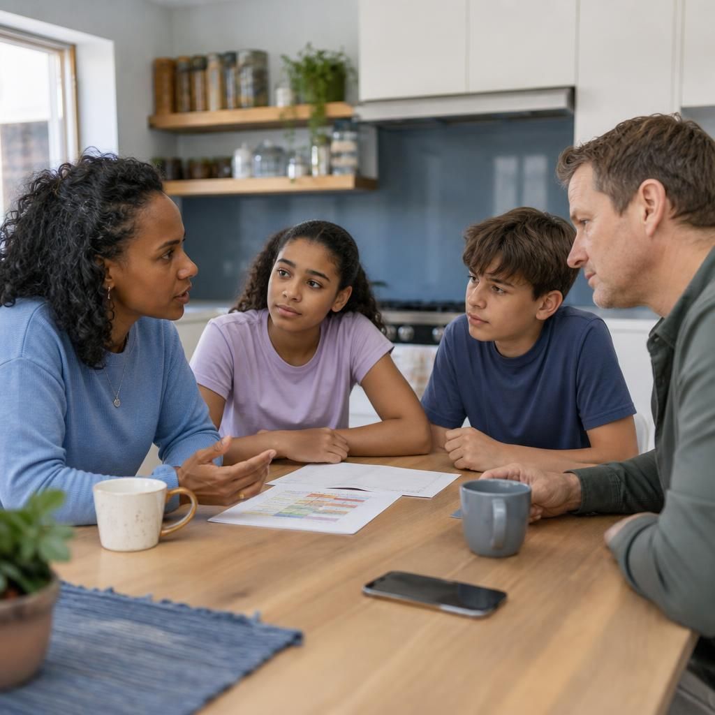 Family members discussing plans together at a kitchen table
