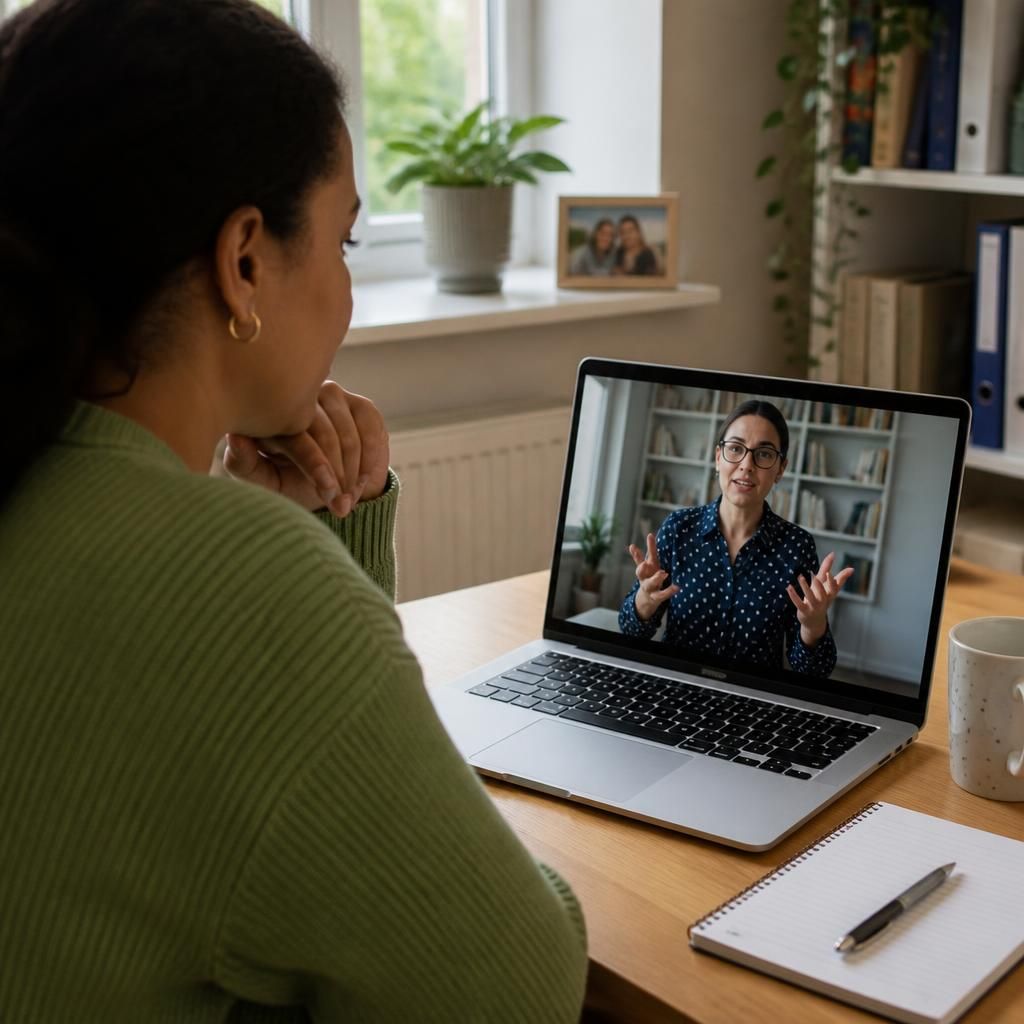 Prospective foster carer attending an online training session on a laptop at home