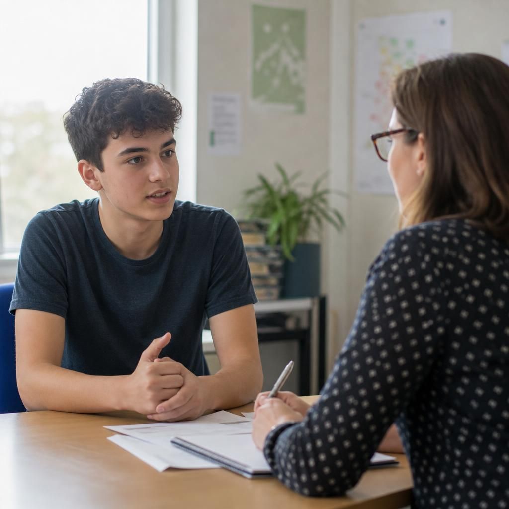 Teenager speaking with a social worker during a care planning meeting