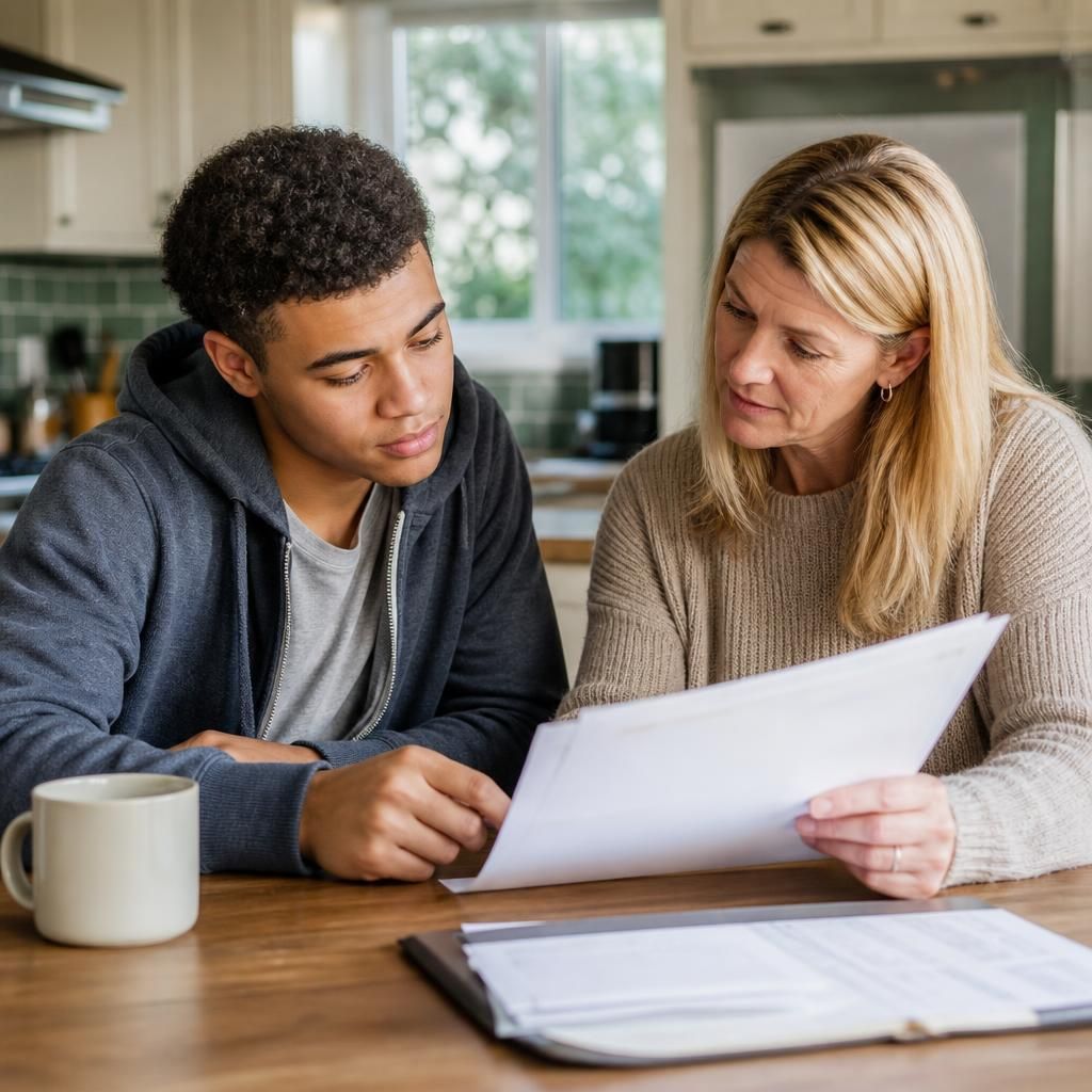 Young adult and foster carer discussing documents at a kitchen table