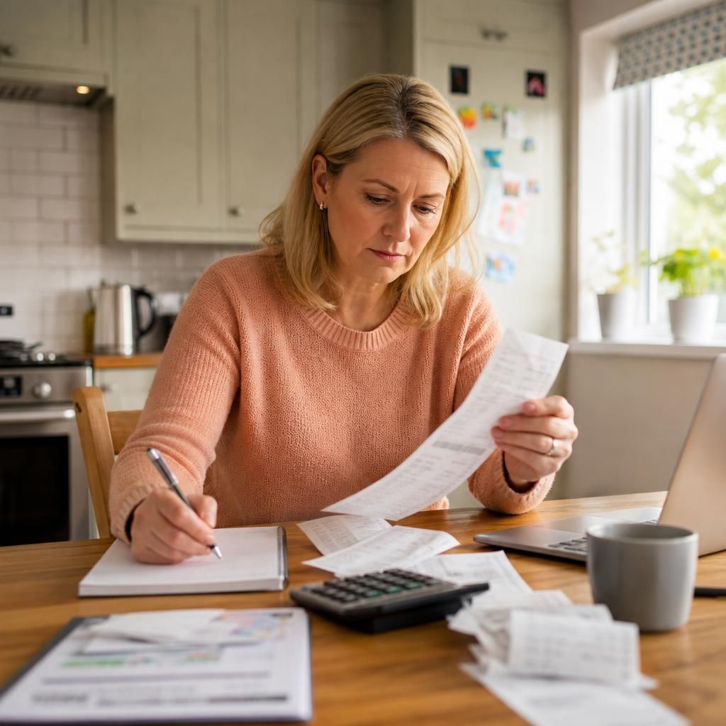 Foster carer reviewing receipts and household expenses at a kitchen table