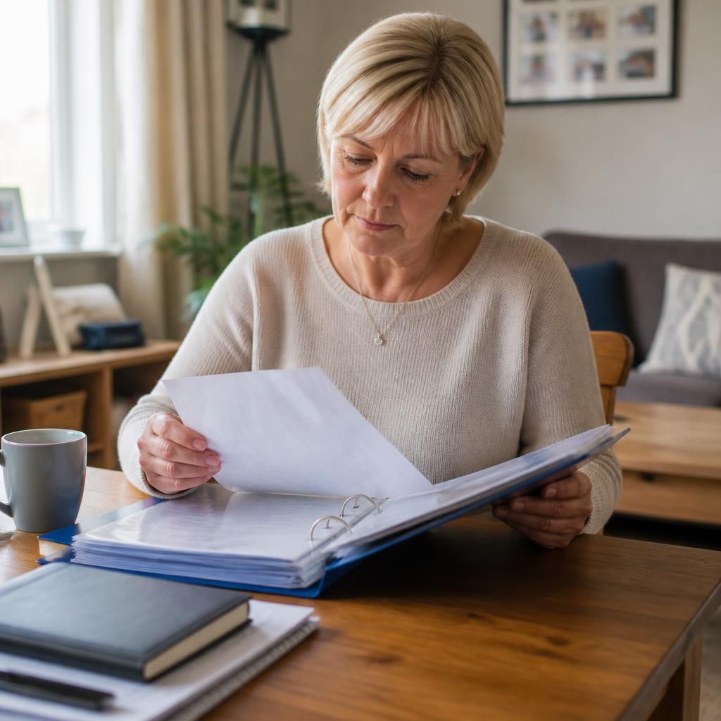 Kinship carer reviewing a folder of care plans and support information