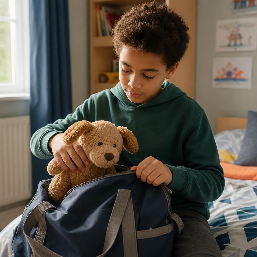 Child packing a small bag and favourite toy for a temporary stay with another foster carer