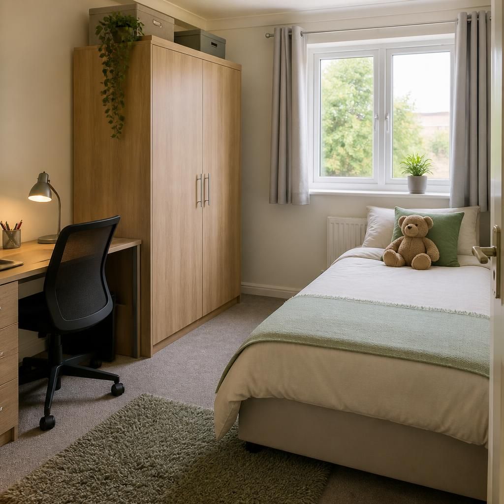 Furnished spare bedroom with a single bed, wardrobe and desk