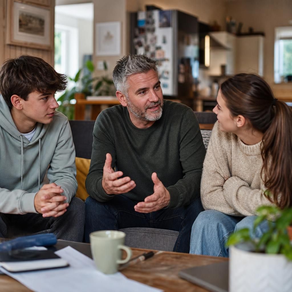 Foster family sharing a reflective discussion at home