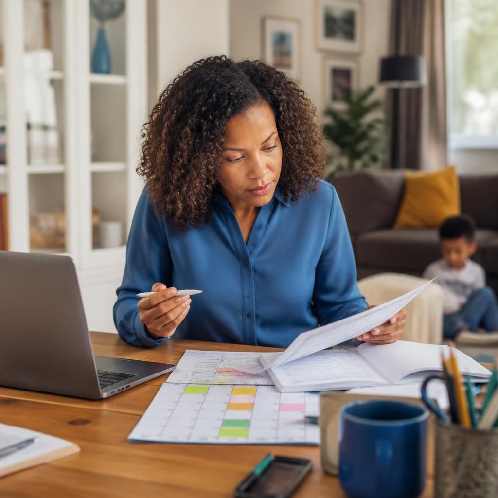 Foster carer reviewing a work calendar and childcare arrangements at home