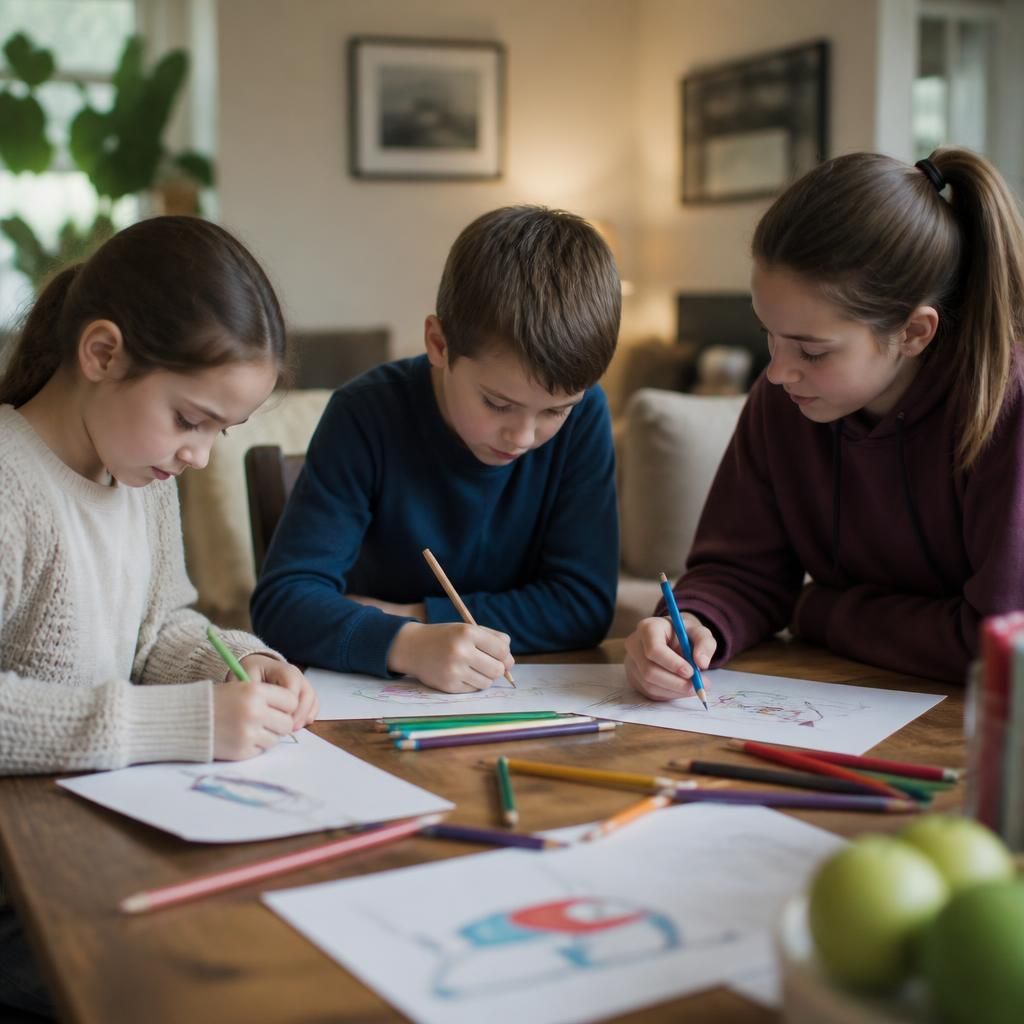 Children drawing together at a table in a family home