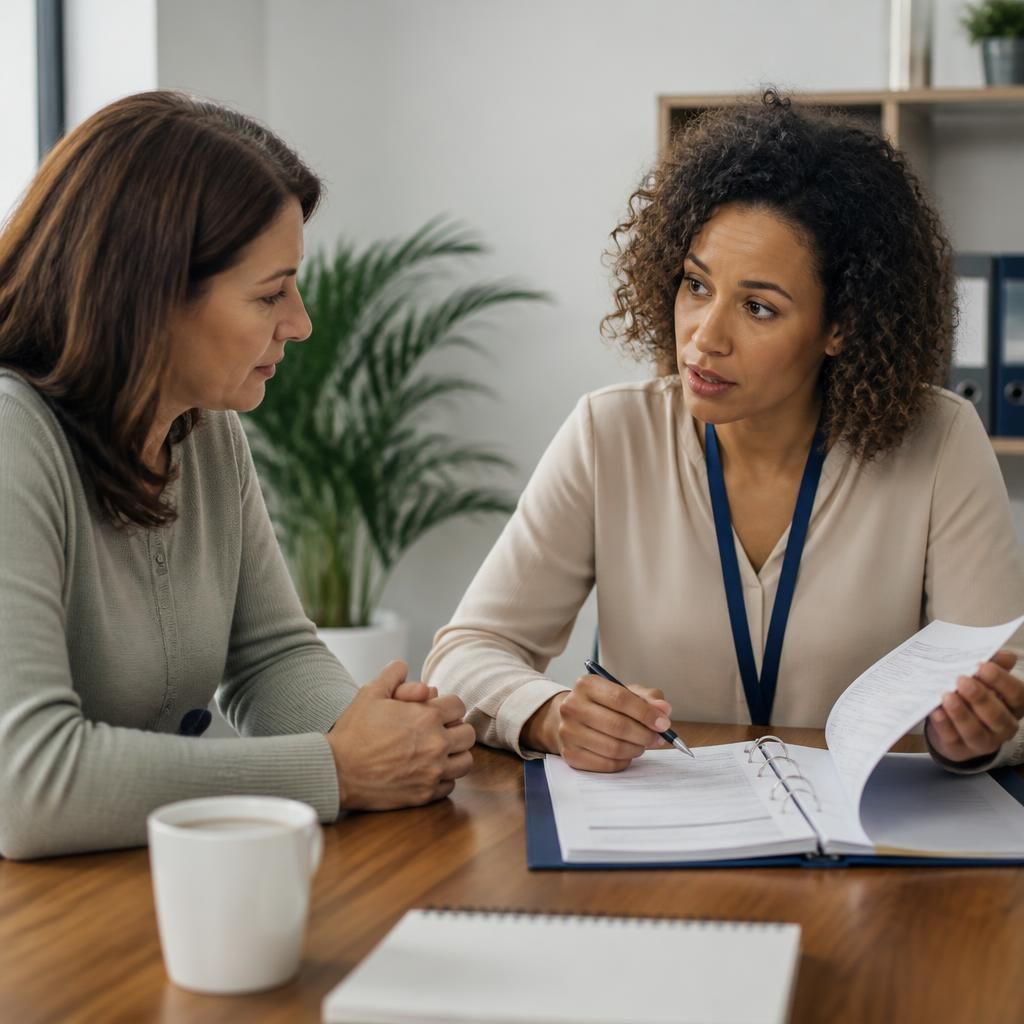 Foster carer discussing safeguarding records with a social worker at a table
