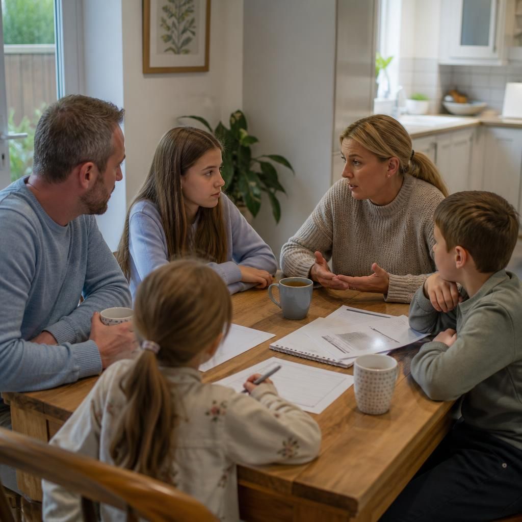 Family members discussing fostering around a table at home