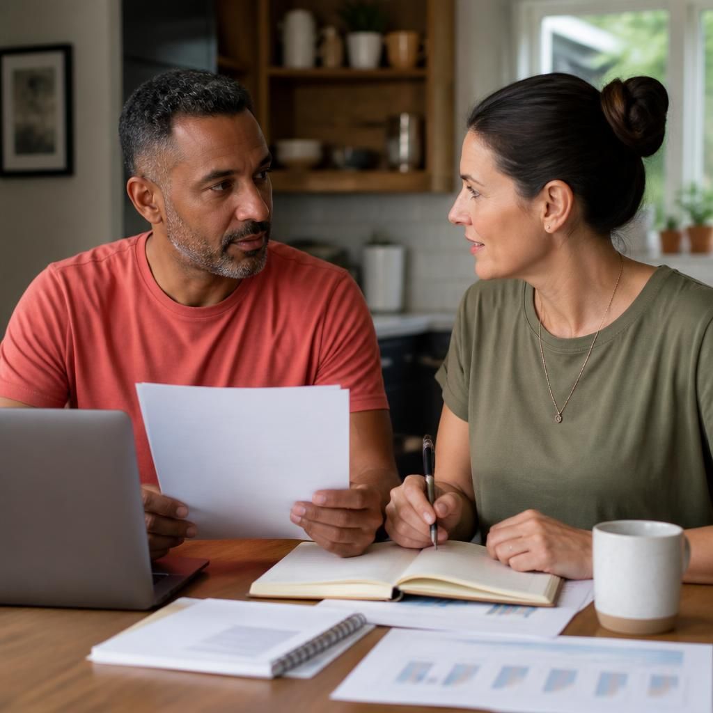 Couple discussing long-term financial planning at home