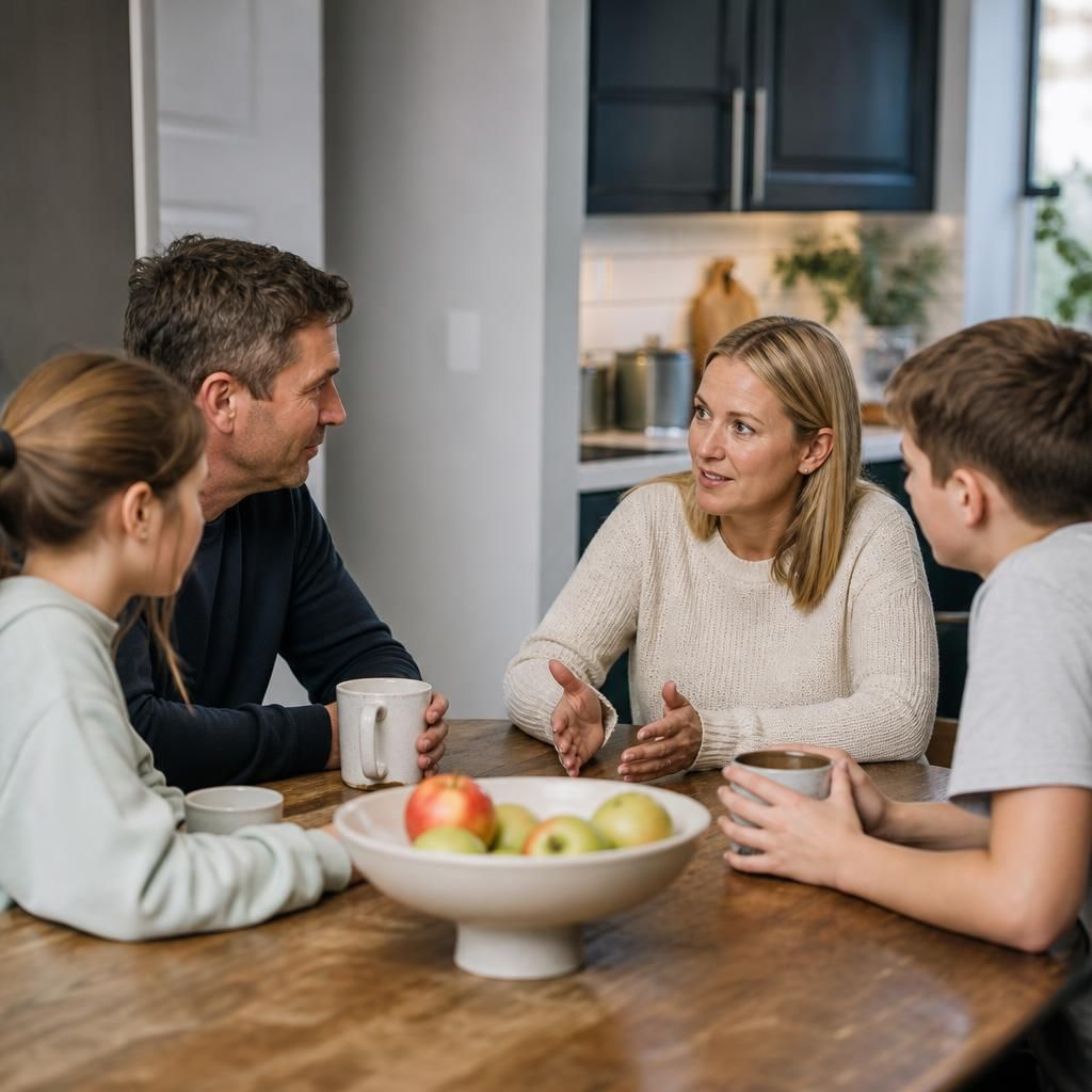 Family members talking together around a kitchen table