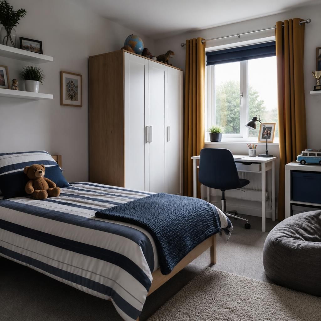 Child’s bedroom with a single bed, wardrobe, desk and storage space