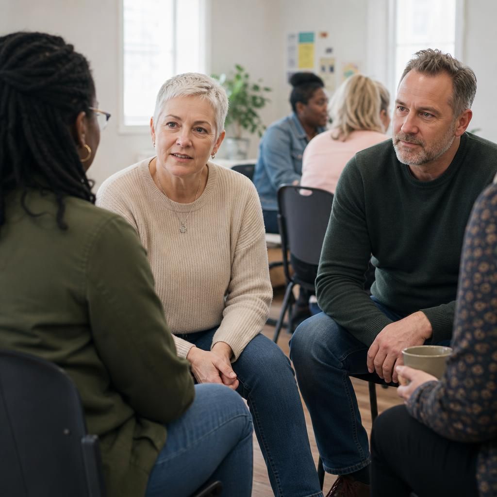 Prospective foster carer talking with experienced carers at a support group