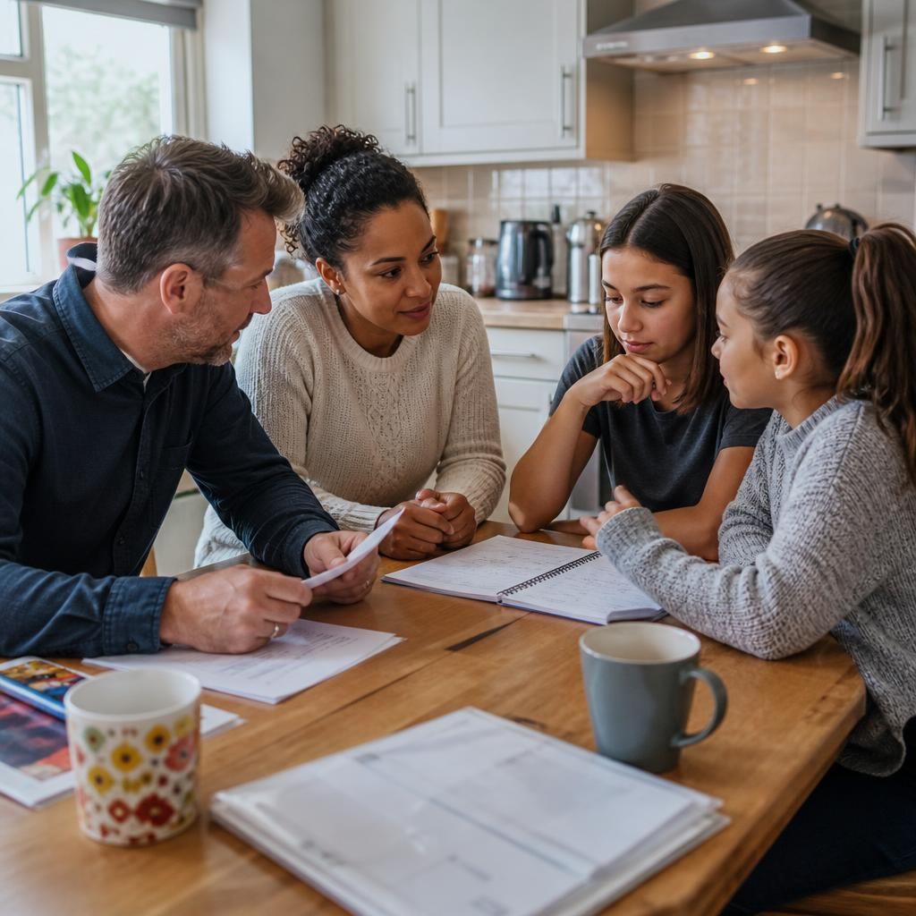 Family members discussing plans and responsibilities around a kitchen table