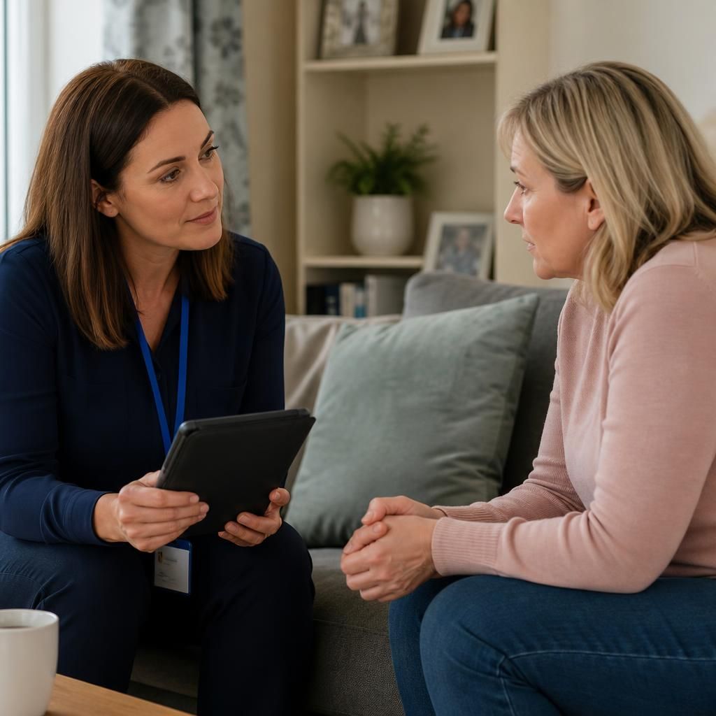 Social worker and foster carer discussing a child's placement