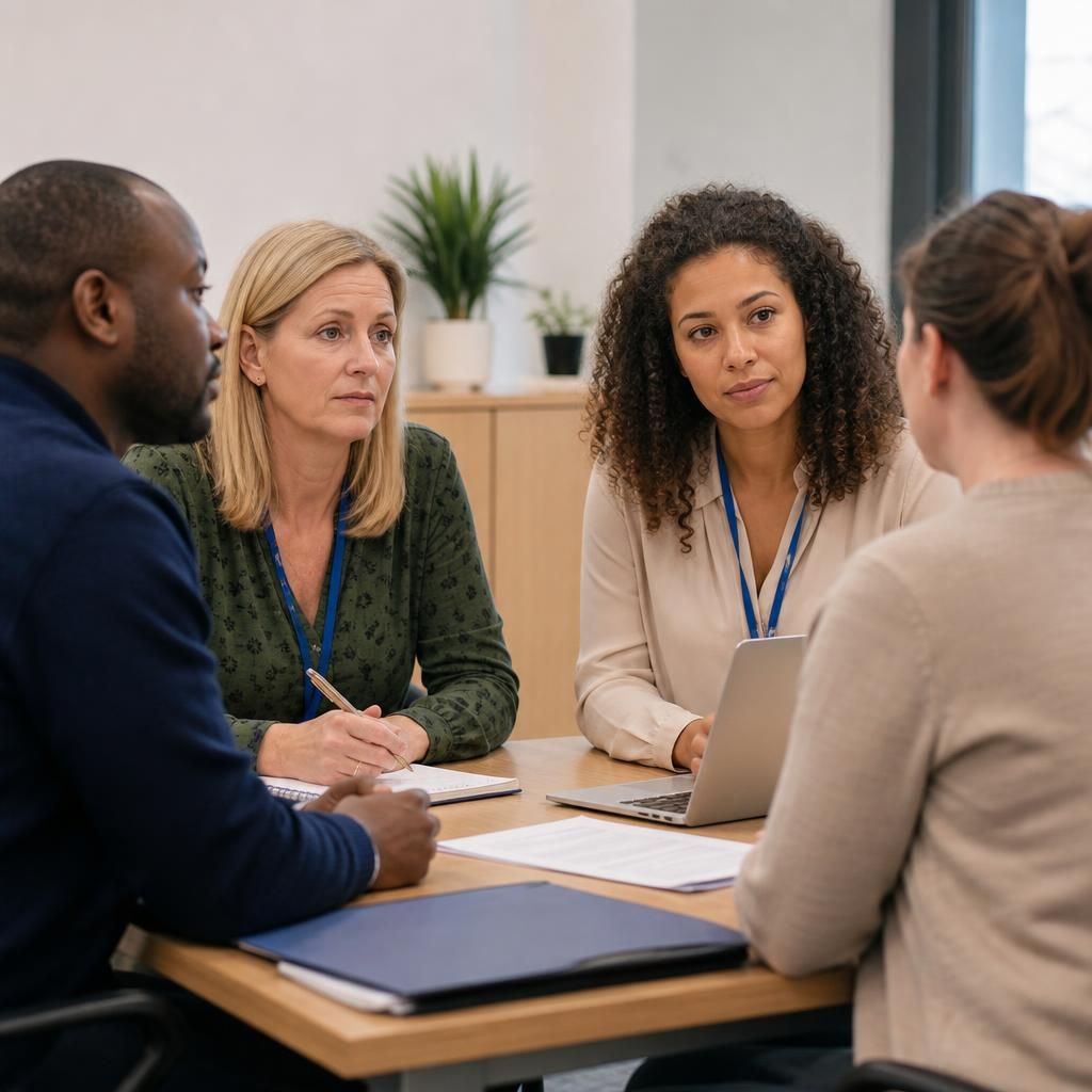 Foster carer speaking with safeguarding professionals during a review meeting