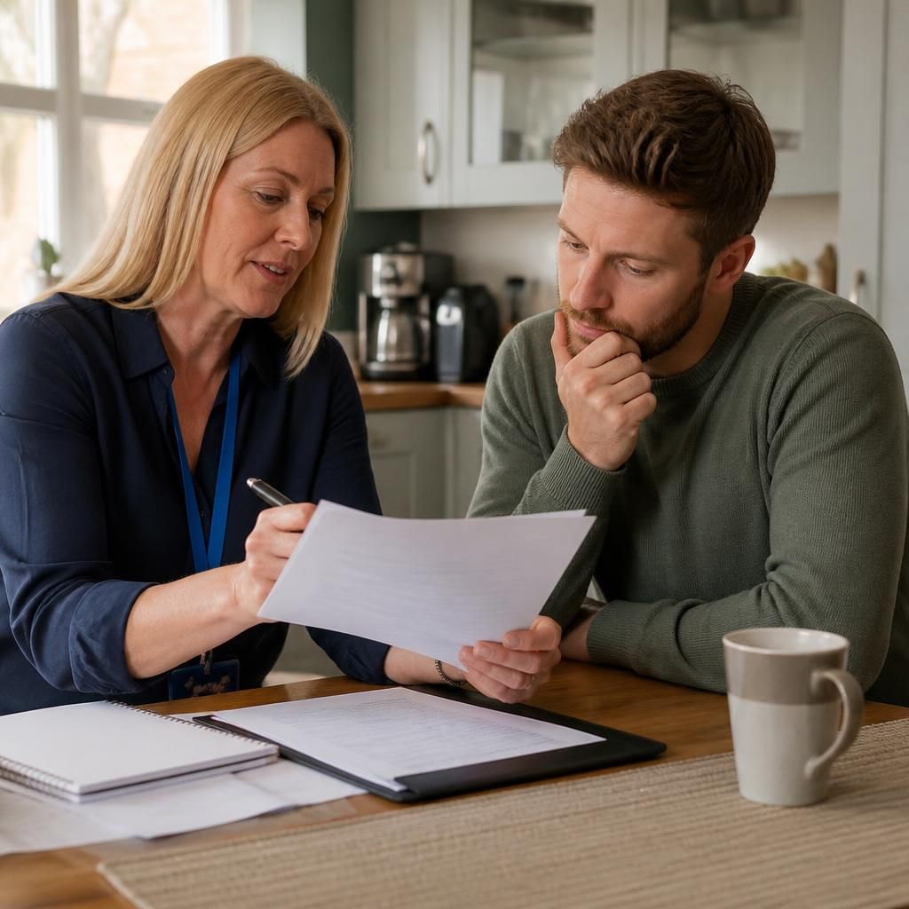 Prospective foster carer reviewing application documents with a social worker