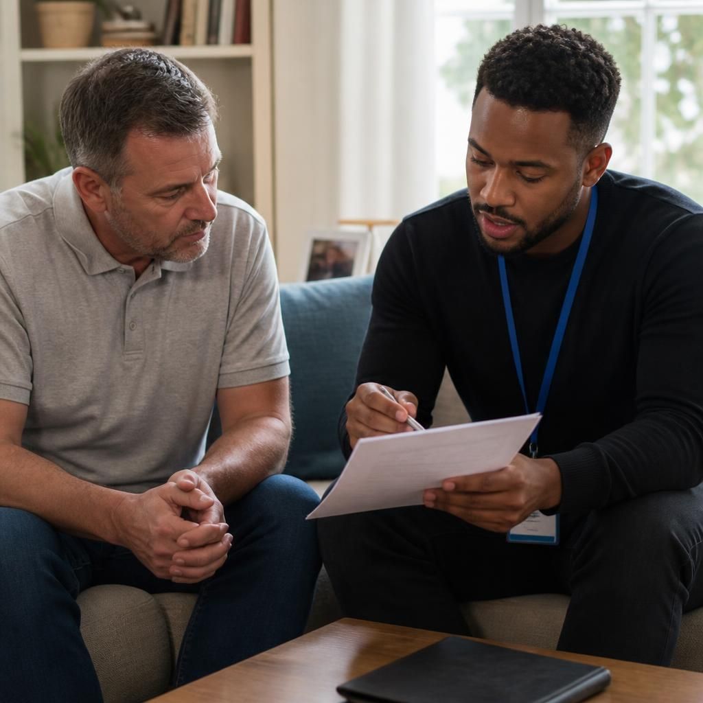 Foster carer discussing assessment documents with a fostering assessor