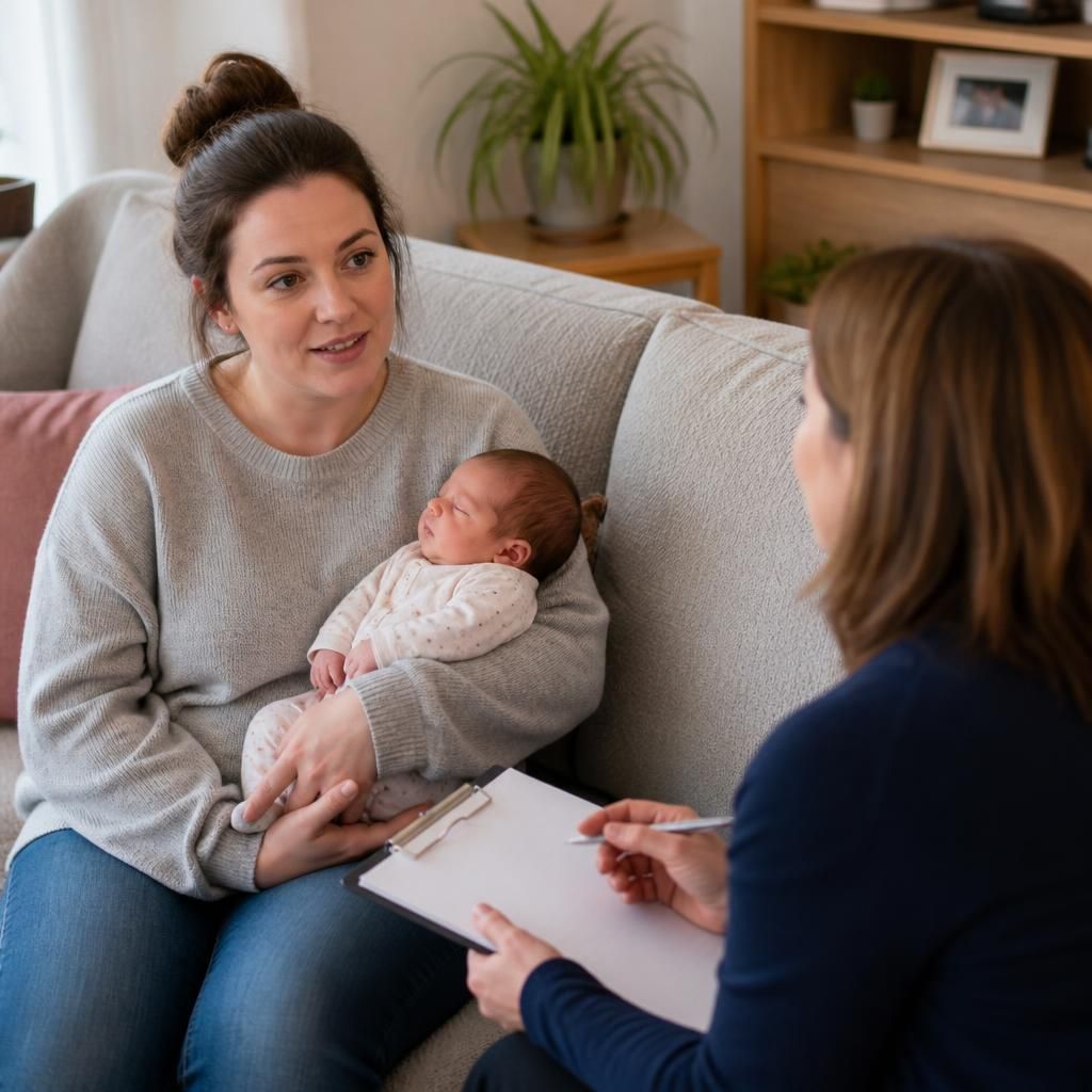 Foster carer speaking with an assessing social worker while holding a newborn
