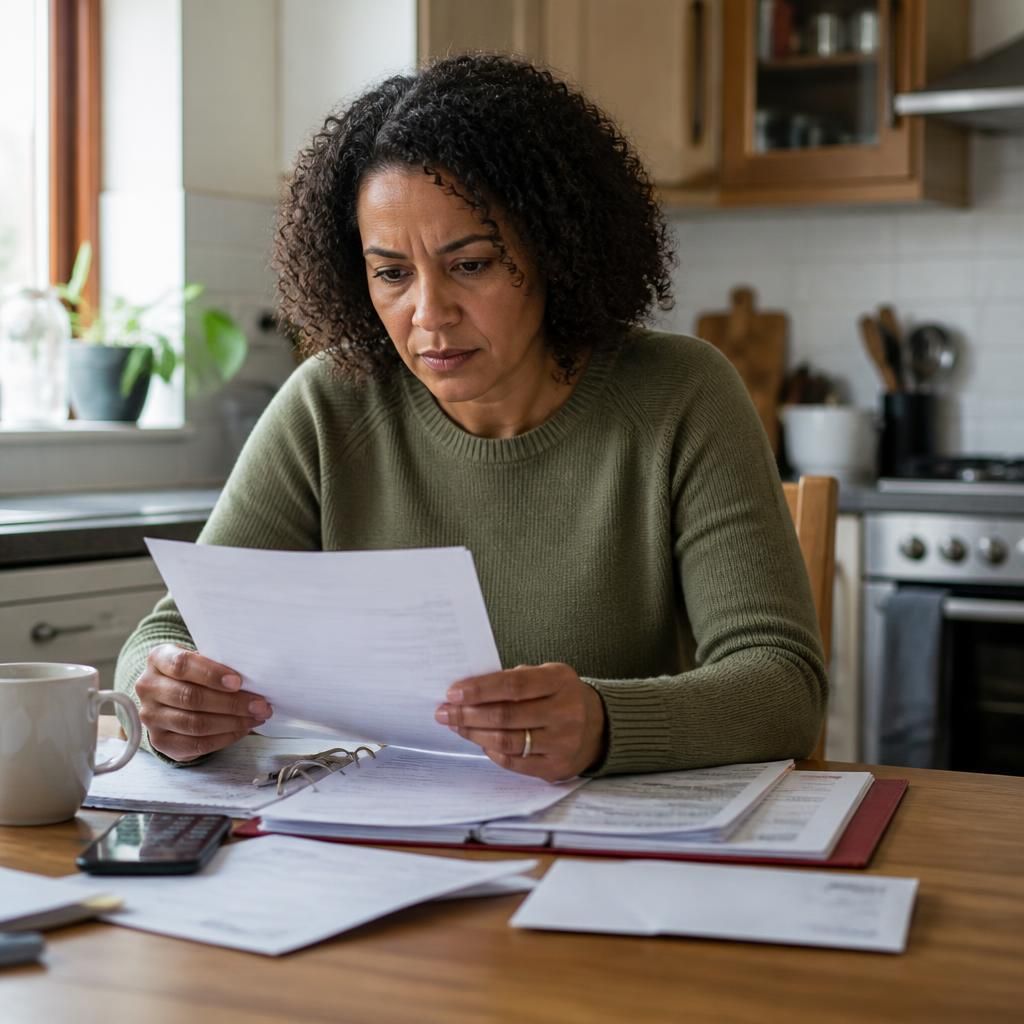 Foster carer reviewing council tax paperwork at a kitchen table
