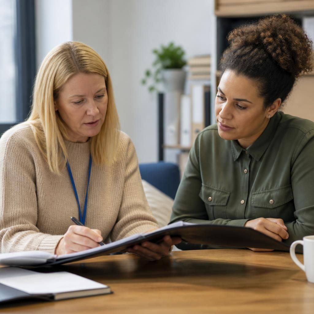 Foster carer and social worker reviewing a child's placement plan