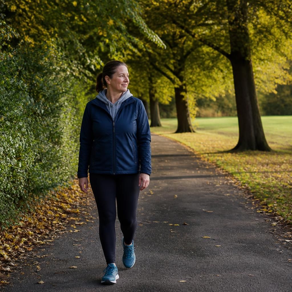 Foster parent walking along a park path in suitable outdoor clothing