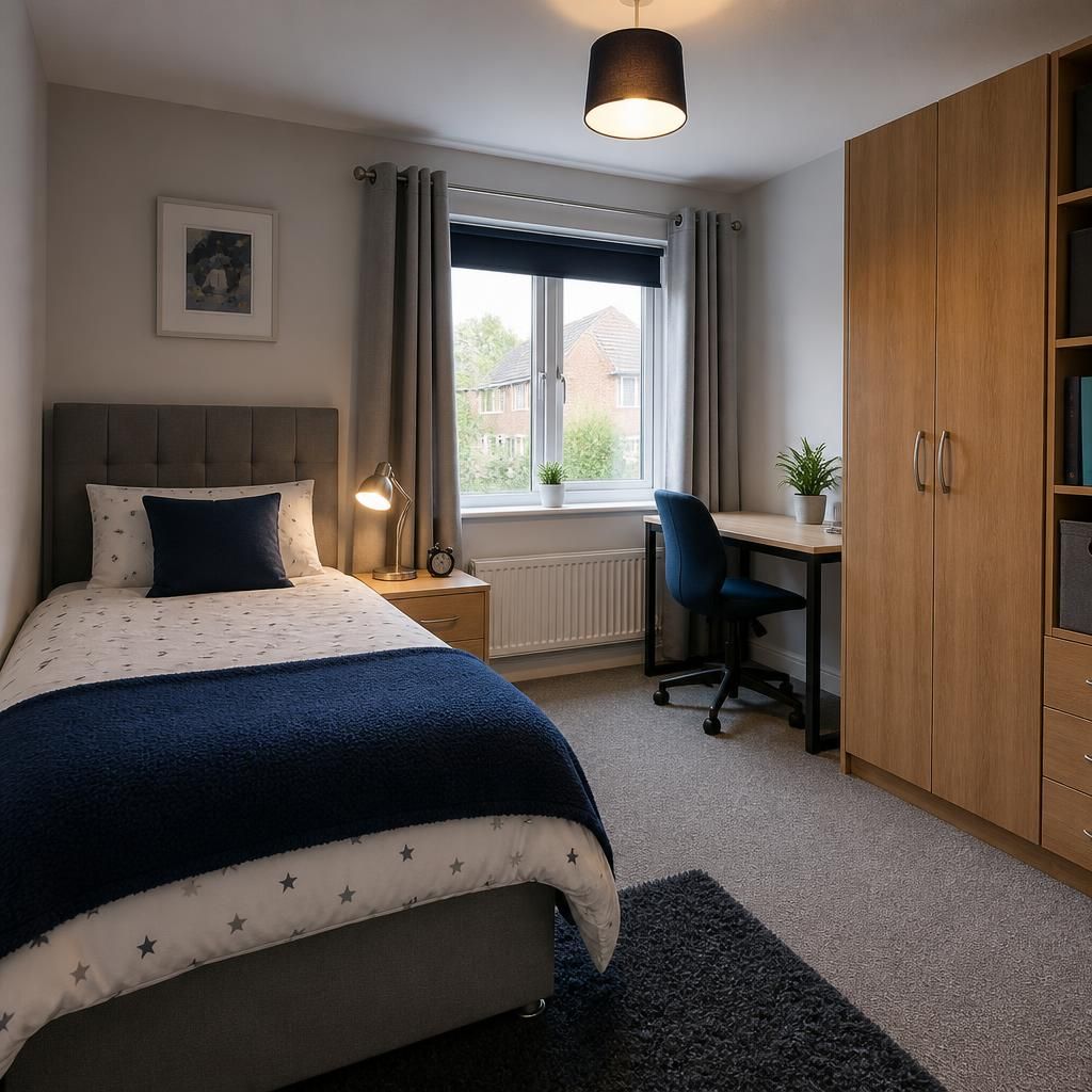 A child’s bed, wardrobe and storage in a tidy bedroom