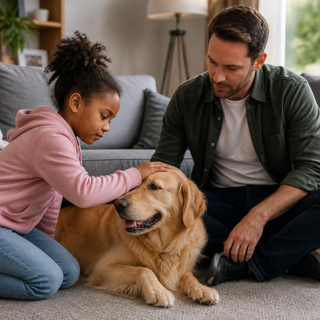Adult supervising a child meeting a calm family dog