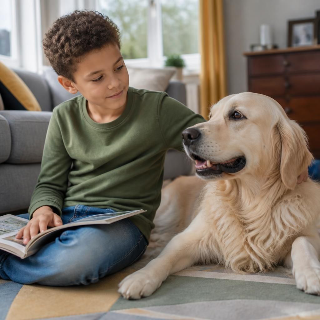 Child sitting beside a calm dog in a supervised home setting