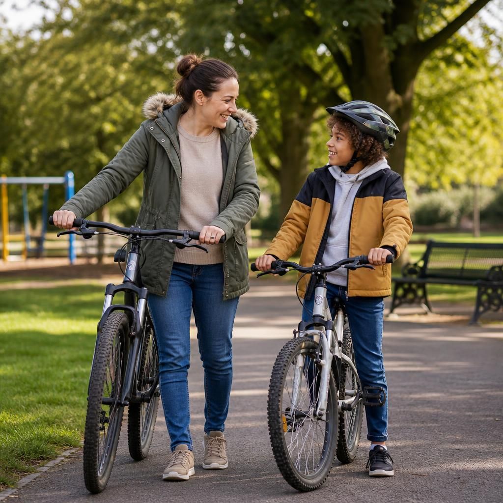 Single foster carer and child visiting a local park with bicycles