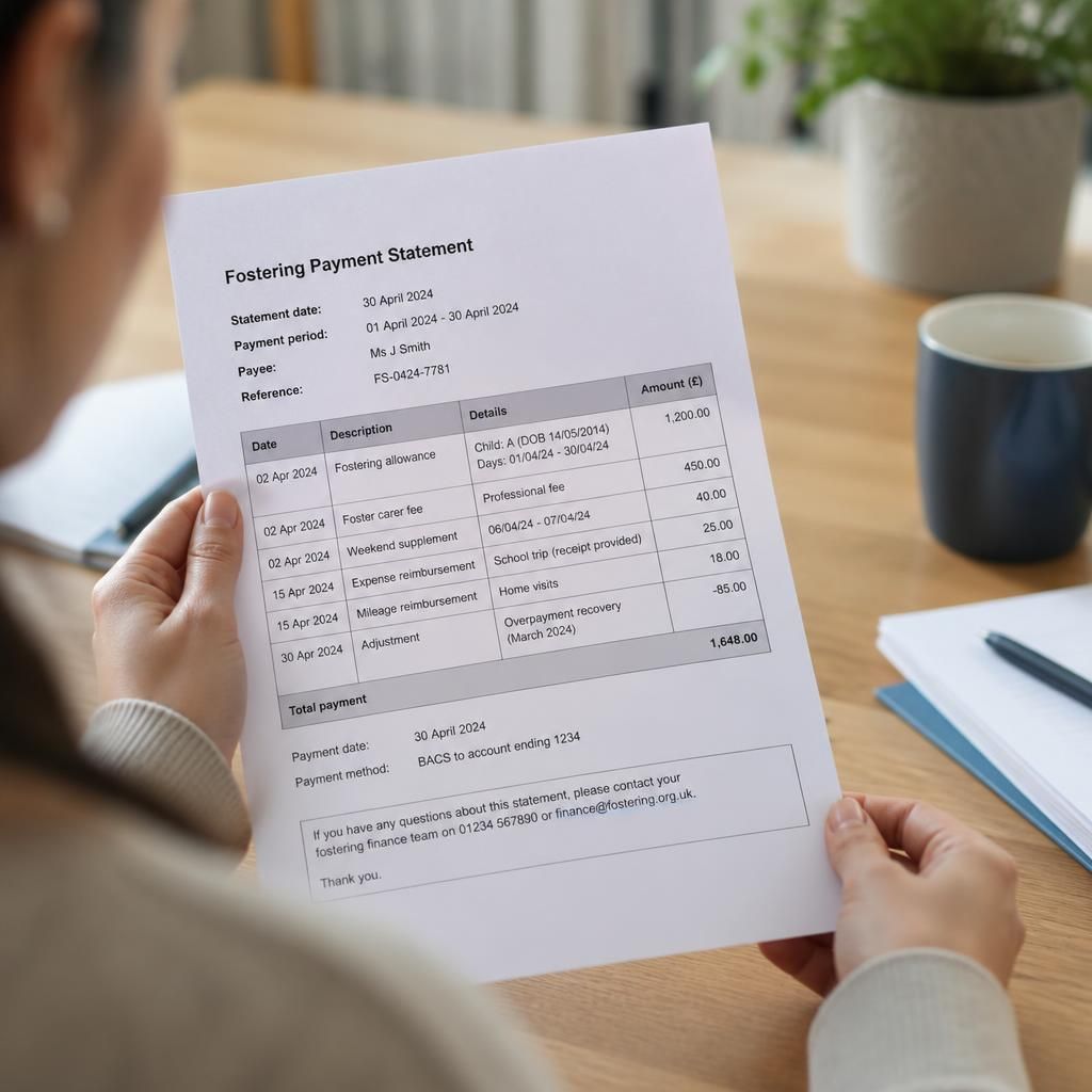 Fostering payment statement showing dates, placement details and payment amounts