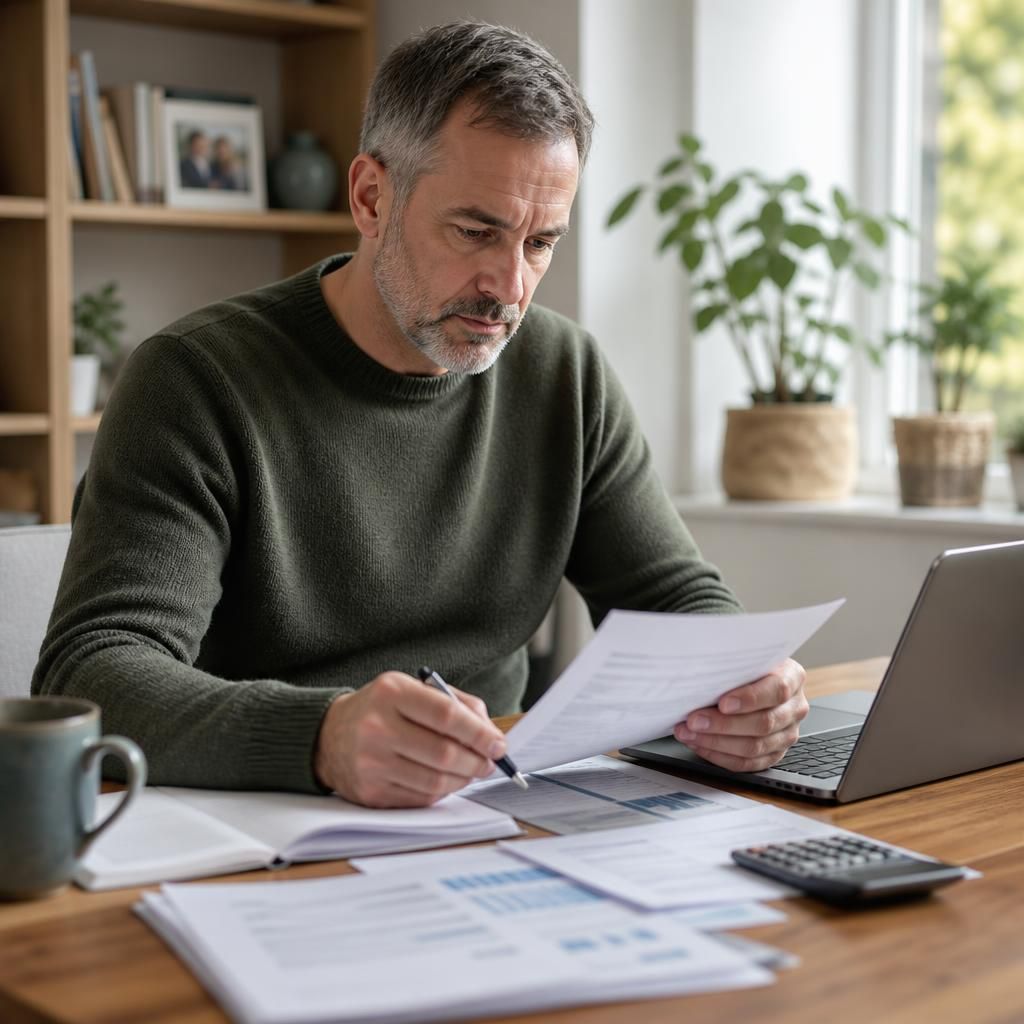 Person reviewing pension statements and fostering paperwork at a desk